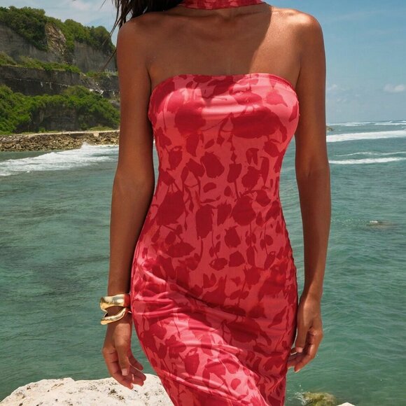 Red Casual Women's Beach Fairycore Wedding Party Elegant Knitted Mesh Print Form - Picture 5 of 8